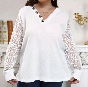 White ribbed knit sweater with buttons v-neck and lace sleeves,size 5X